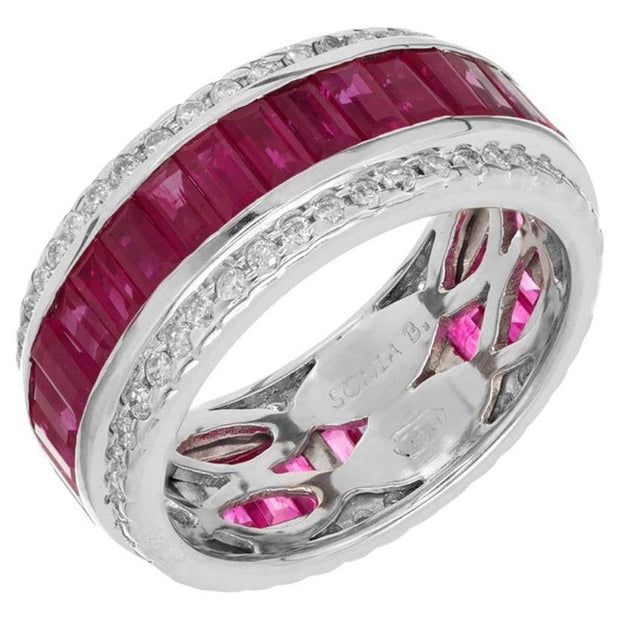 Sonia B 7.50 Carat Emerald Cut Ruby Diamond Gold Band Ring