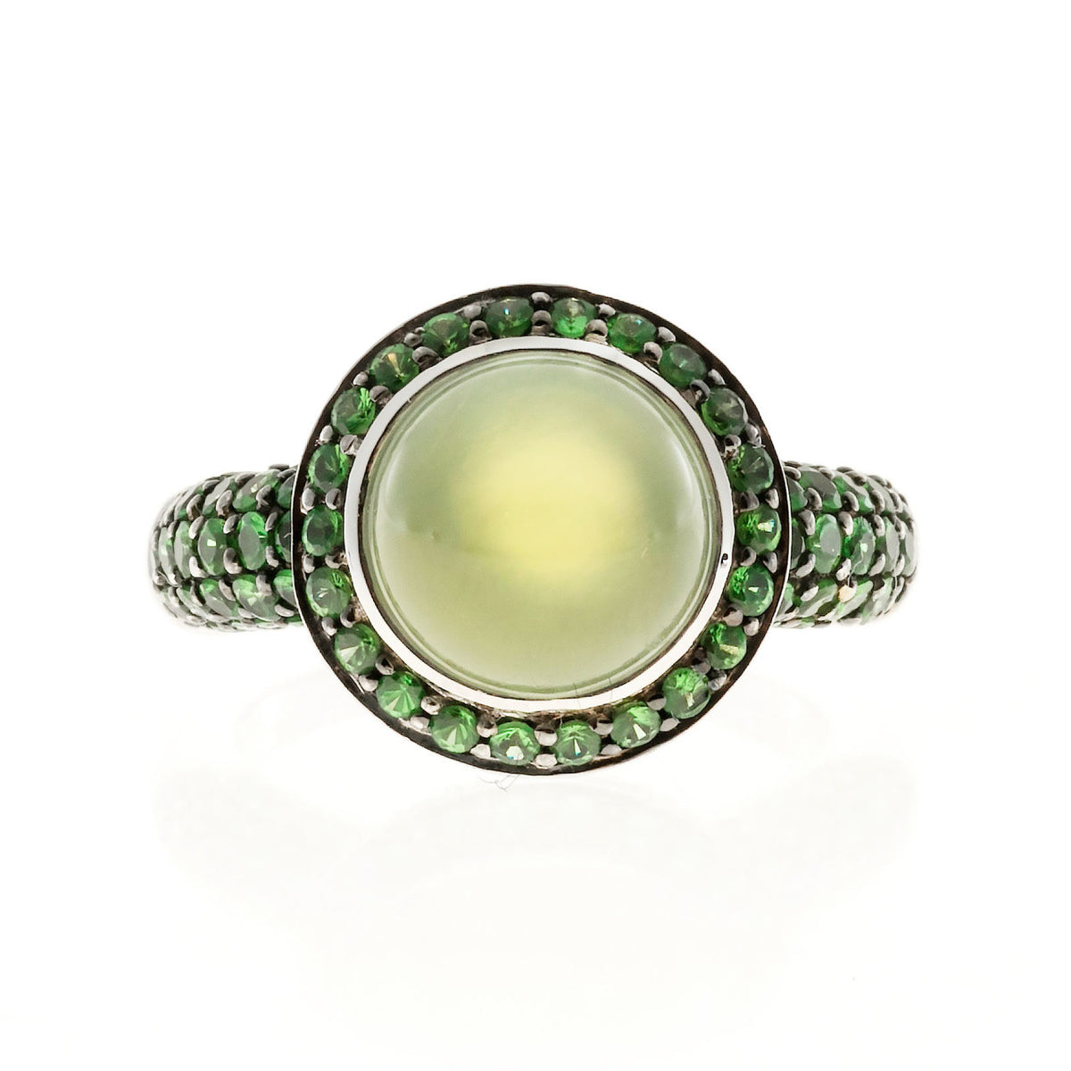 New Crivelli 18k White Gold Peridot 4.00ct Cabochon 2.40ct Tsavorite Garnet Ring
