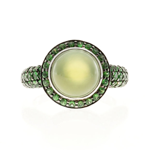 New Crivelli 18k White Gold Peridot 4.00ct Cabochon 2.40ct Tsavorite Garnet Ring
