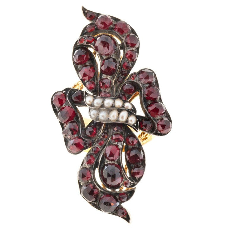 6.50 Carat Garnet Natural Pearl Silver 14k Yellow Gold Ribbon Cocktail Ring