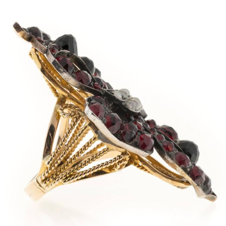 6.50 Carat Garnet Natural Pearl Silver 14k Yellow Gold Ribbon Cocktail Ring – image 6