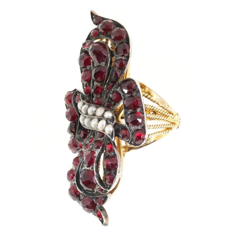 6.50 Carat Garnet Natural Pearl Silver 14k Yellow Gold Ribbon Cocktail Ring – image 2