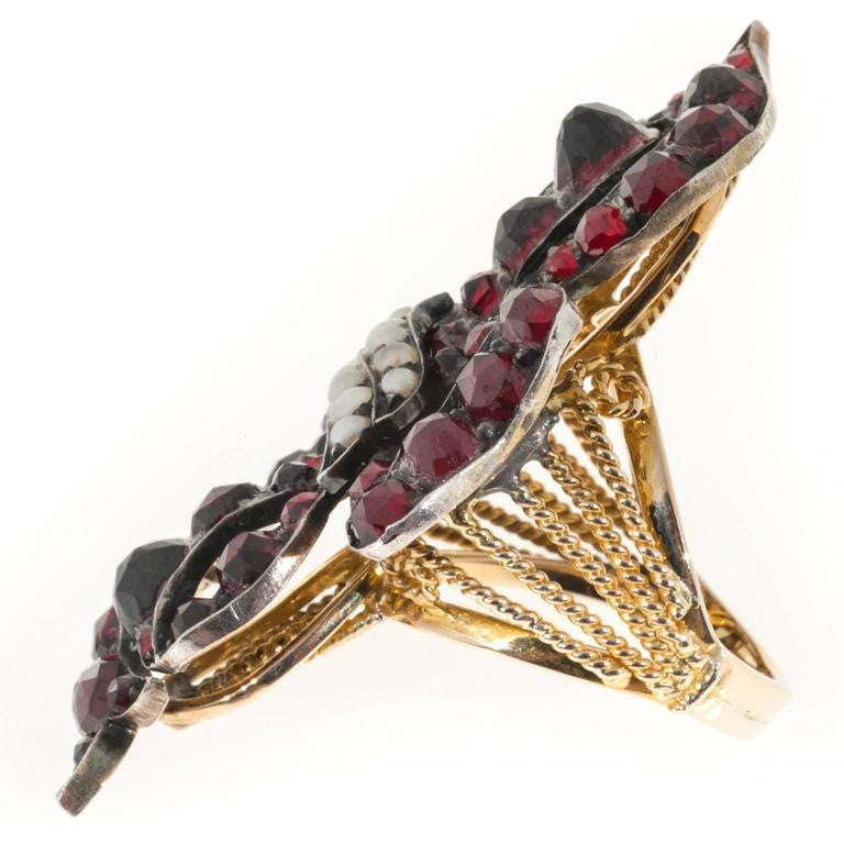 6.50 Carat Garnet Natural Pearl Silver 14k Yellow Gold Ribbon Cocktail Ring – image 4