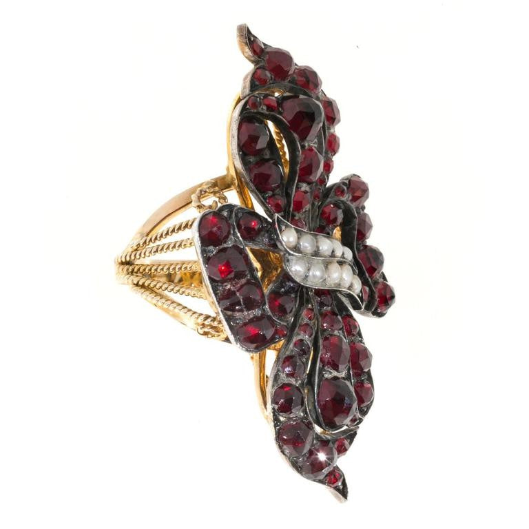 6.50 Carat Garnet Natural Pearl Silver 14k Yellow Gold Ribbon Cocktail Ring – image 7