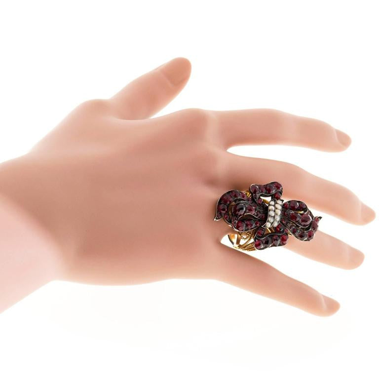 6.50 Carat Garnet Natural Pearl Silver 14k Yellow Gold Ribbon Cocktail Ring – image 3