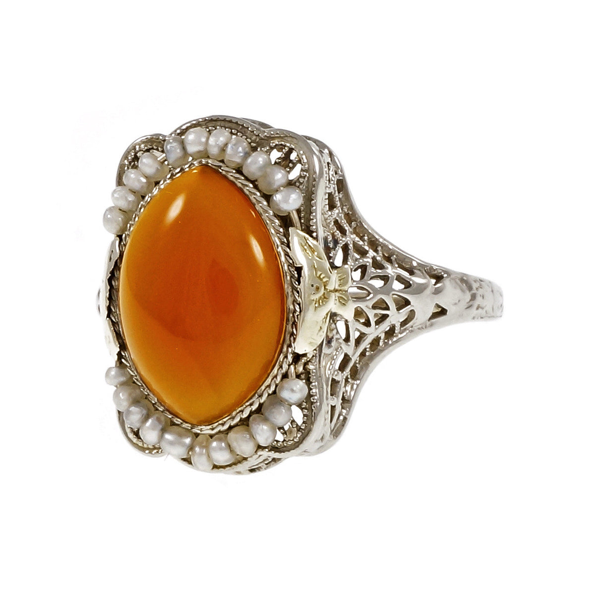 Vintage Art Deco Carnelian Natural Pearl Ring Filigree 14k White Gold – image 2