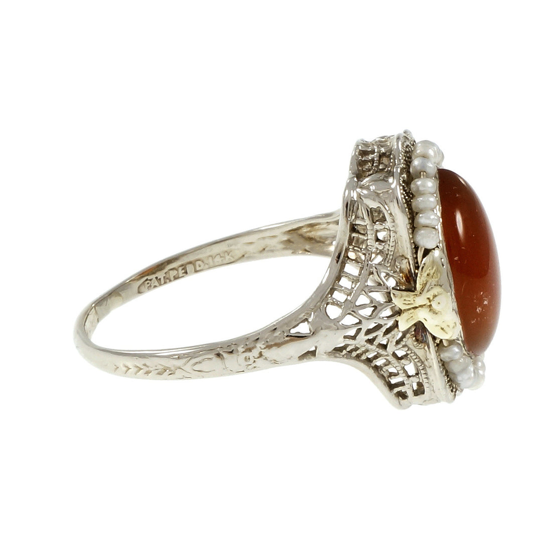 Vintage Art Deco Carnelian Natural Pearl Ring Filigree 14k White Gold – image 3