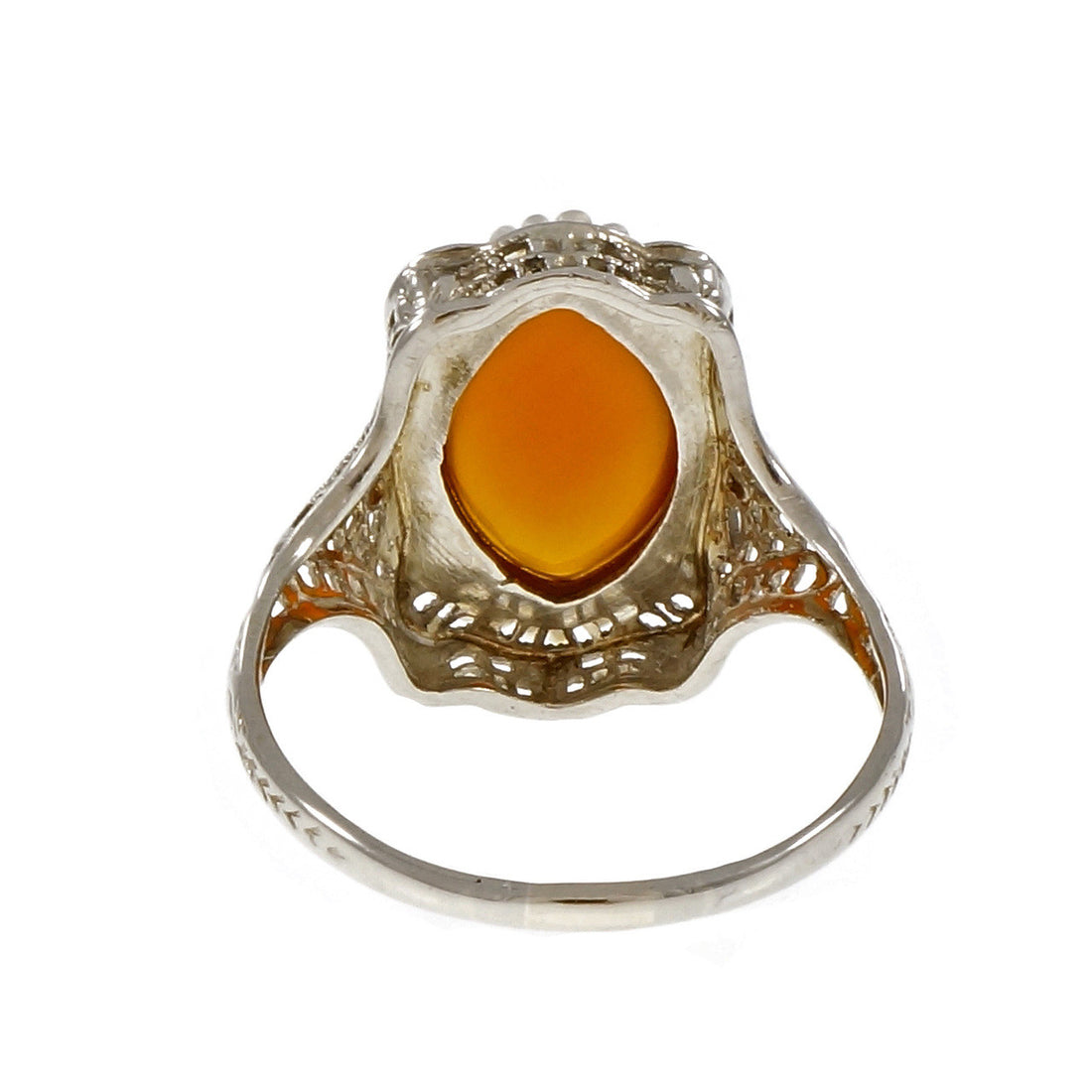 Vintage Art Deco Carnelian Natural Pearl Ring Filigree 14k White Gold – image 4