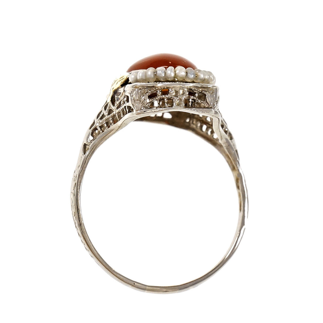 Vintage Art Deco Carnelian Natural Pearl Ring Filigree 14k White Gold – image 5