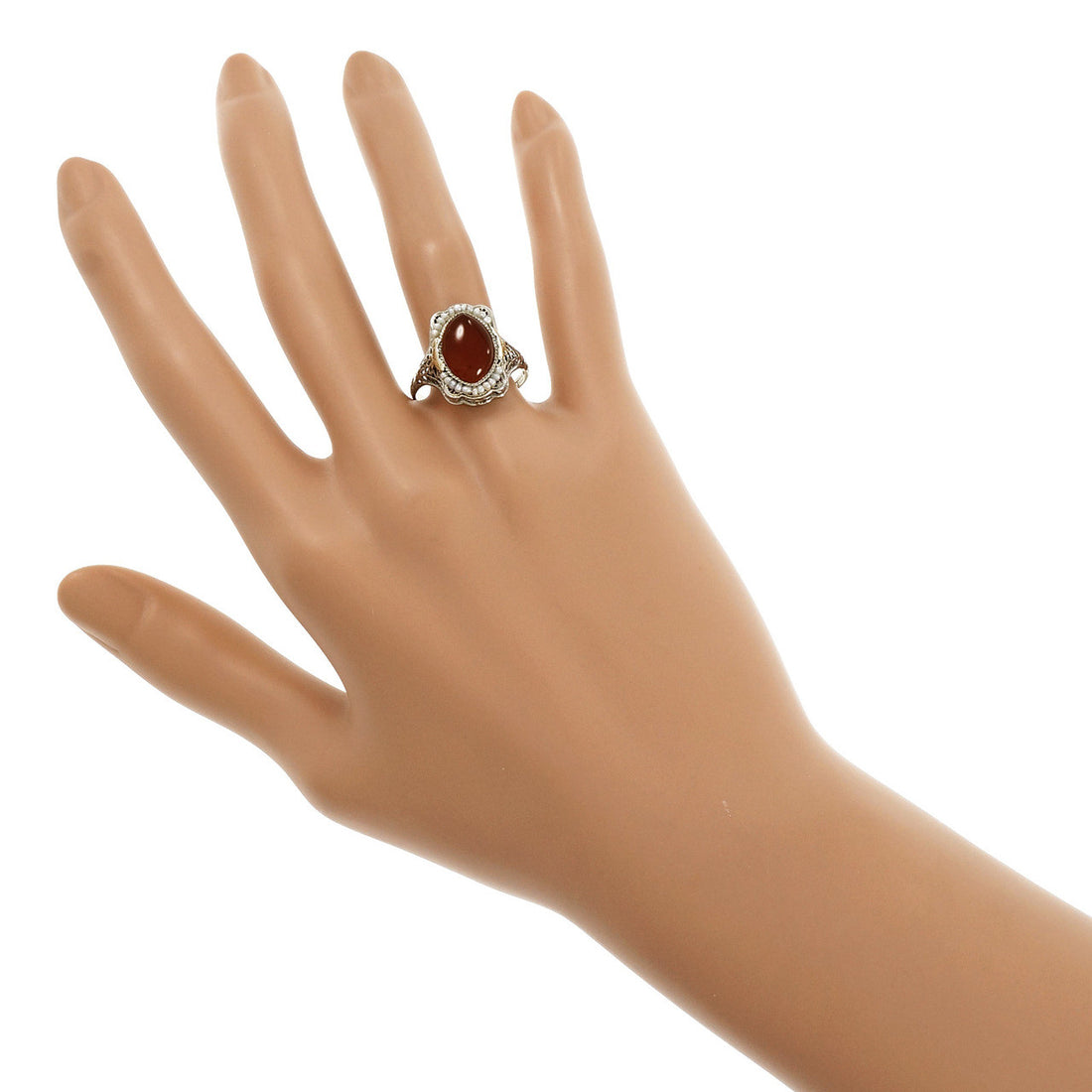 Vintage Art Deco Carnelian Natural Pearl Ring Filigree 14k White Gold – image 6