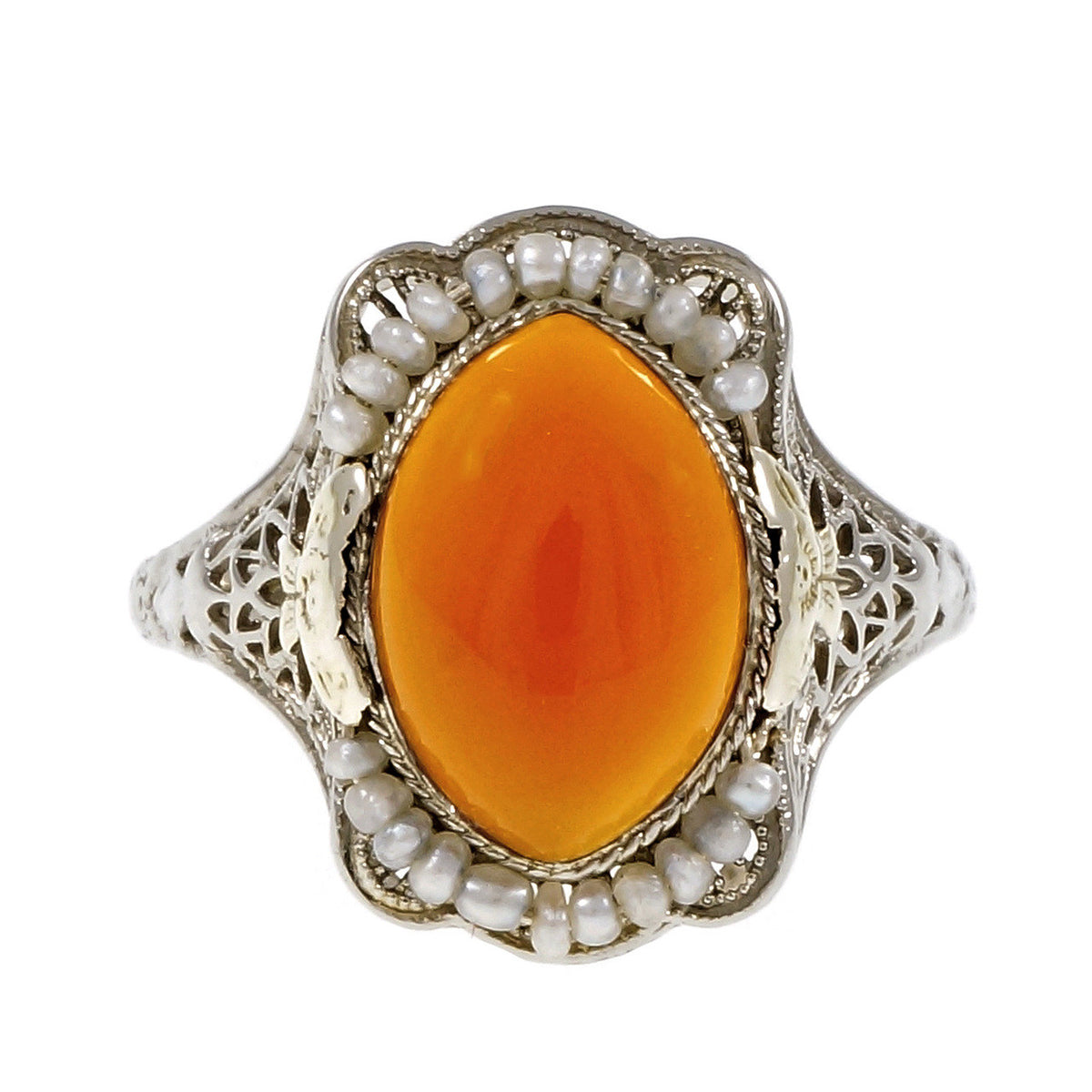Vintage Art Deco Carnelian Natural Pearl Ring Filigree 14k White Gold