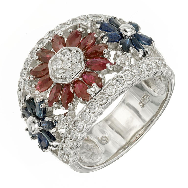 2.03 Carat Diamond Sapphire Ruby White Gold Flower Ring – image 2