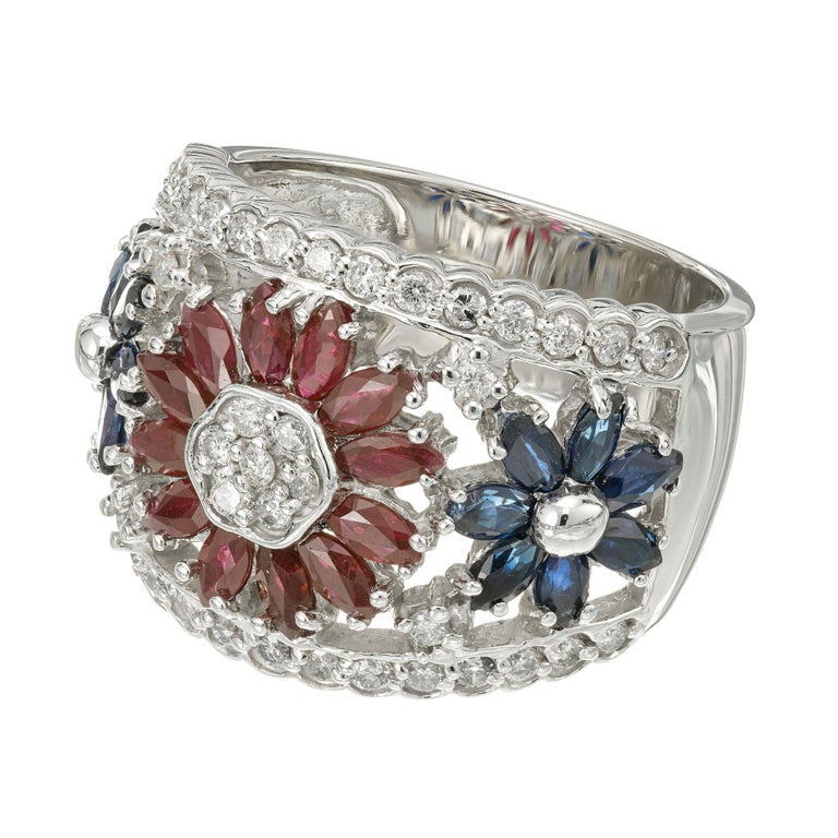2.03 Carat Diamond Sapphire Ruby White Gold Flower Ring – image 3