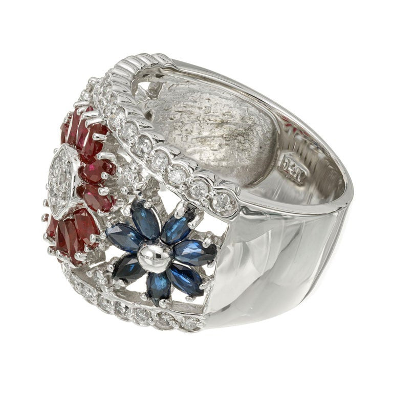 2.03 Carat Diamond Sapphire Ruby White Gold Flower Ring – image 4