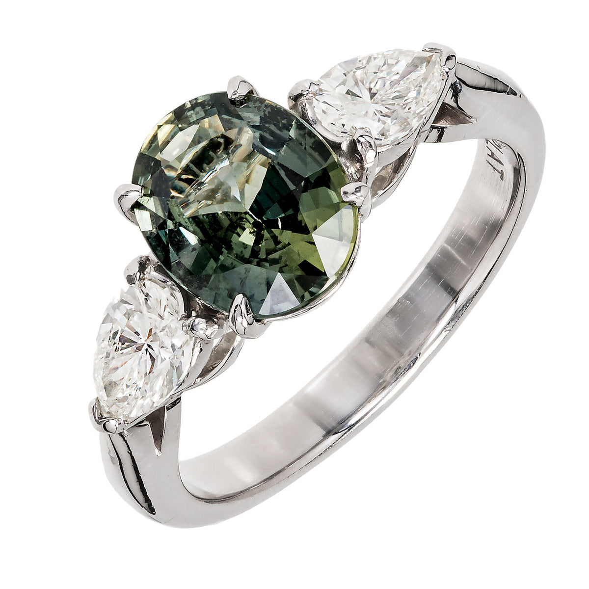 Rare Grey Green Certified Natural Oval Sapphire Diamond Engagement Ring Platinum