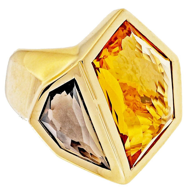 Estate Fantasy Cut 7.85ct Citrine Smoky Quartz Heavy 18k Yellow Gold Ring Allia