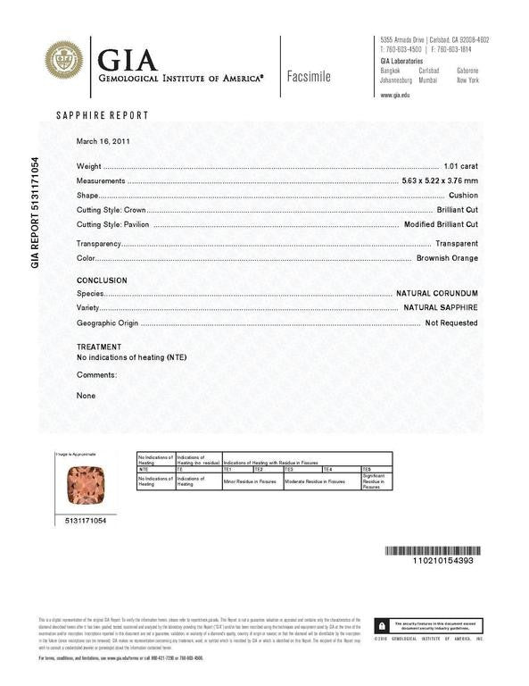GIA Certified 1.01 Carat Brown Orange Sapphire Diamond Platinum Engagement Ring – image 3