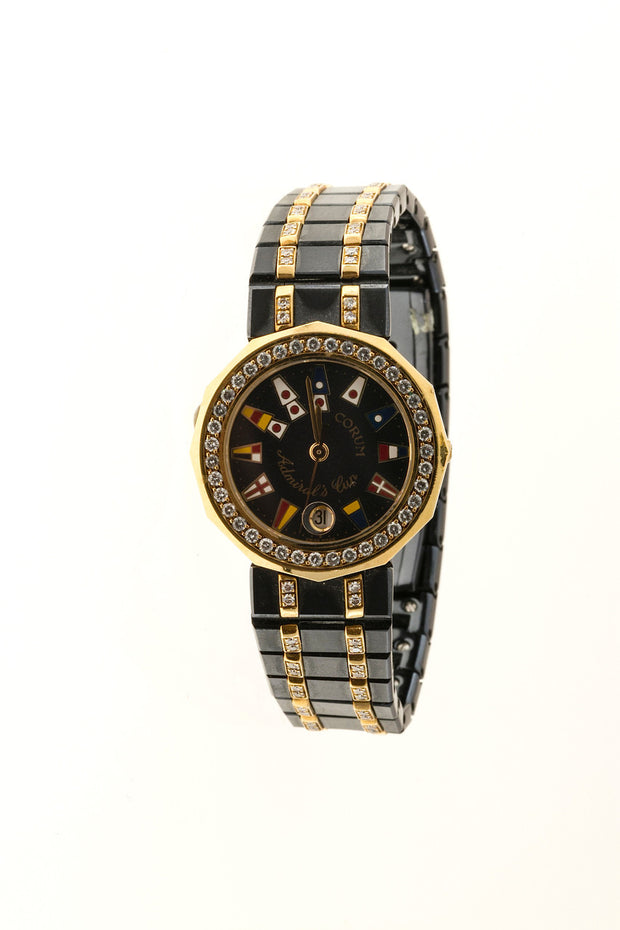 Estate Corum Admirals Cup 18k Gold & Ceramic Diamond Set Bezel Band Ladies Watch