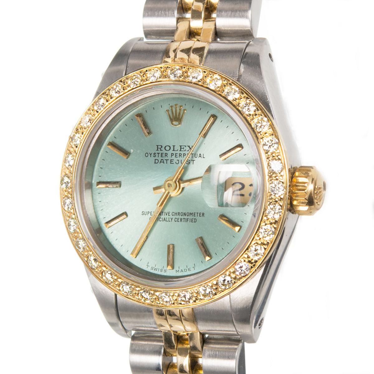 Rolex Datejust 69173 18k Gold Steel Custom Light Blue Dial & Diamond Bezel