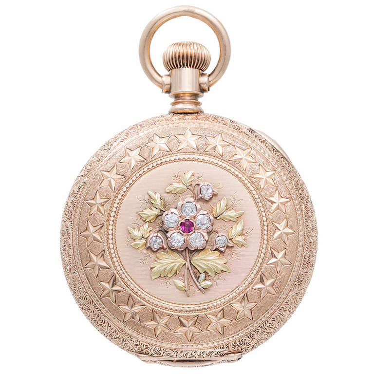 1875 Victorian Agassiz 14K Pink, Yellow, Green Gold. Ruby and diamond Watch