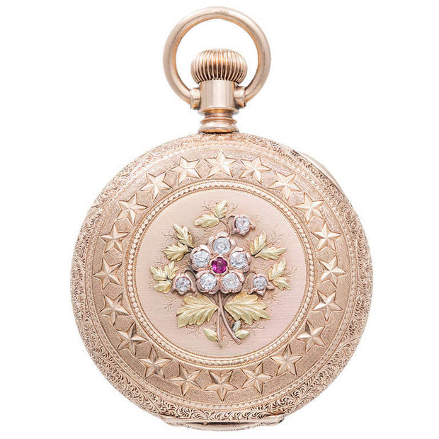 1875 Victorian Agassiz 14K Pink, Yellow, Green Gold. Ruby and diamond Watch