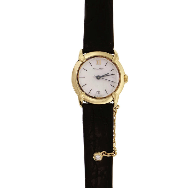 Chaumet Ladies Watch Mother Of Pearl Dial Black Strap 18k Yellow Gold