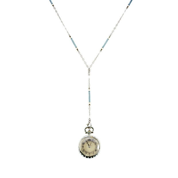 Longines Grey Blue White Gold Art Deco Enamel Watch Pendant