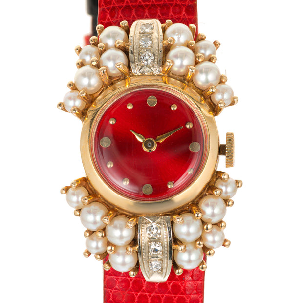 .12 Carat Diamond Pearl Lady In Red 1950 Ladies Wrist Watch