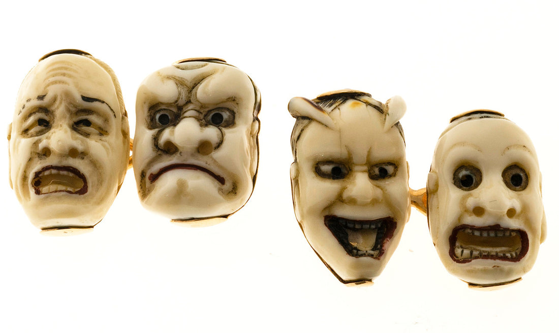 1930’s 14k Four Faces Carved Bone Cufflinks – image 2