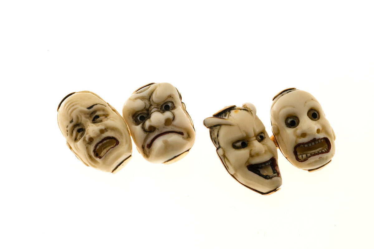 1930’s 14k Four Faces Carved Bone Cufflinks