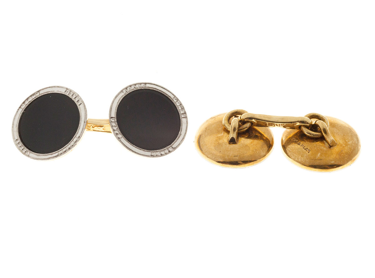 Vintage 1920 Concave 14k Platinum Onyx Double Sided Cuff Links – image 4