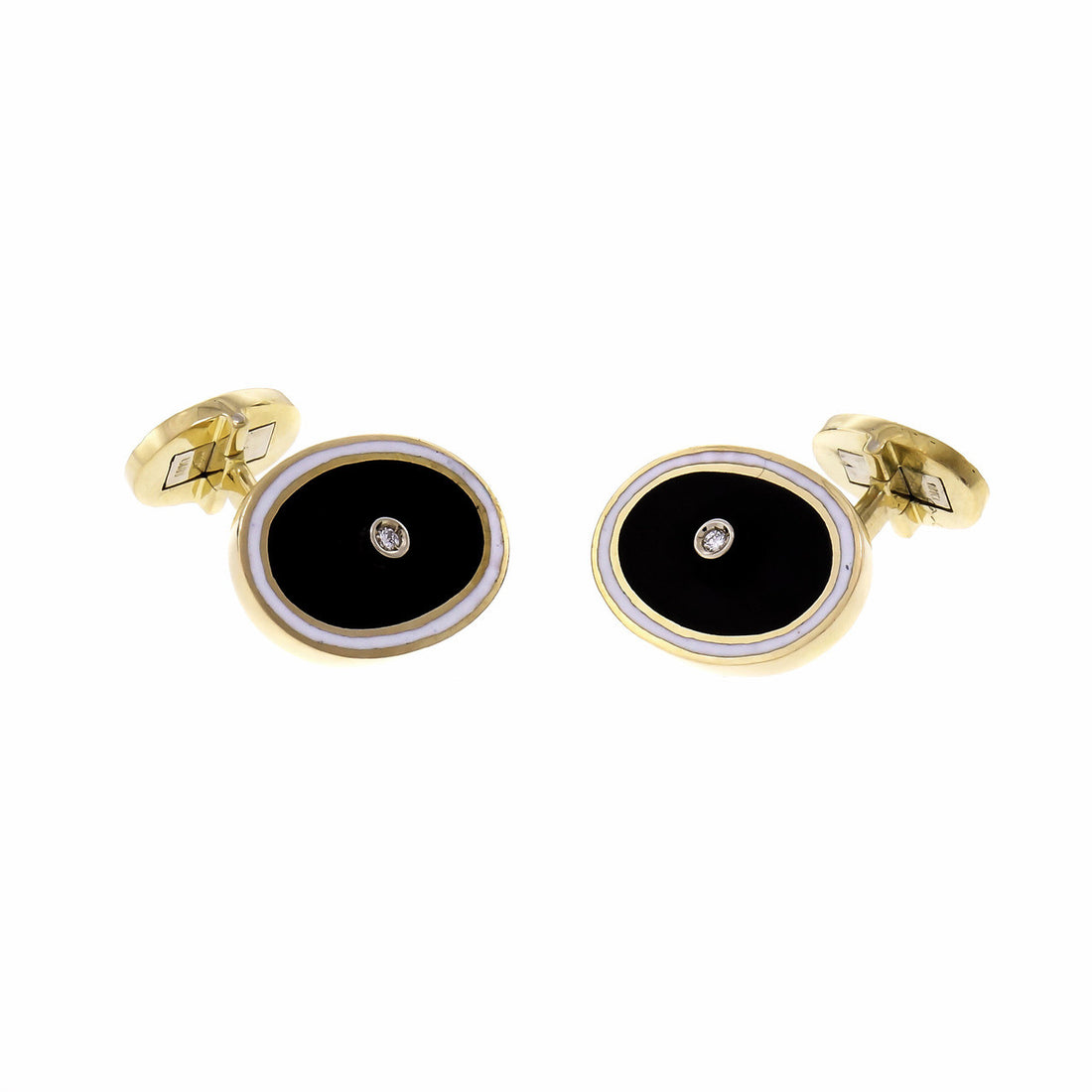 Mid Century Diamond Black White Enamel Gold Cufflinks – image 2