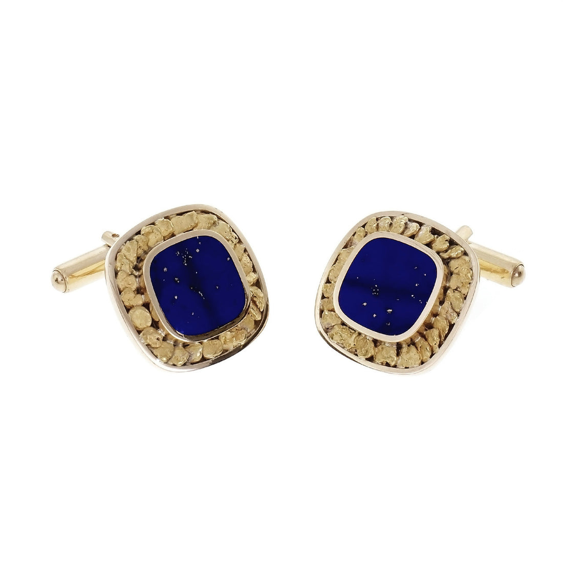 Estate Natural Untreated Lapis Cufflinks Gold Nugget Frame – image 2