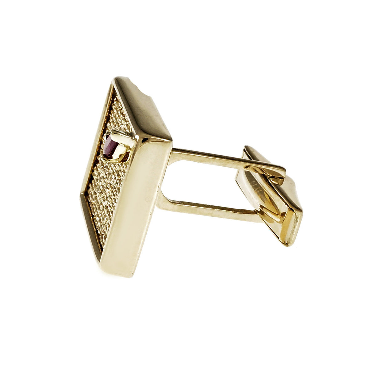 Vintage 1960 Rectangular Textured Cufflinks 14k Yellow Gold Ruby Accents – image 2
