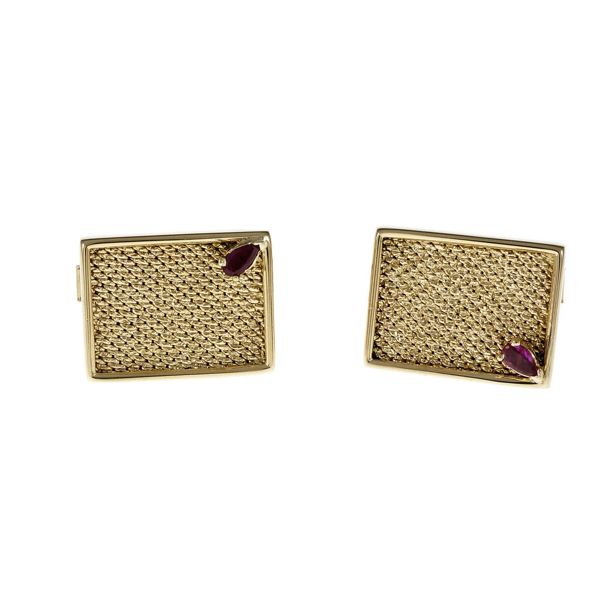 Vintage 1960 Rectangular Textured Cufflinks 14k Yellow Gold Ruby Accents