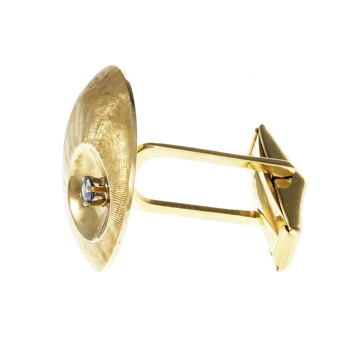 Vintage 1960 Sapphire Cufflink Oval Hand Florentined 14k Yellow Gold – image 2