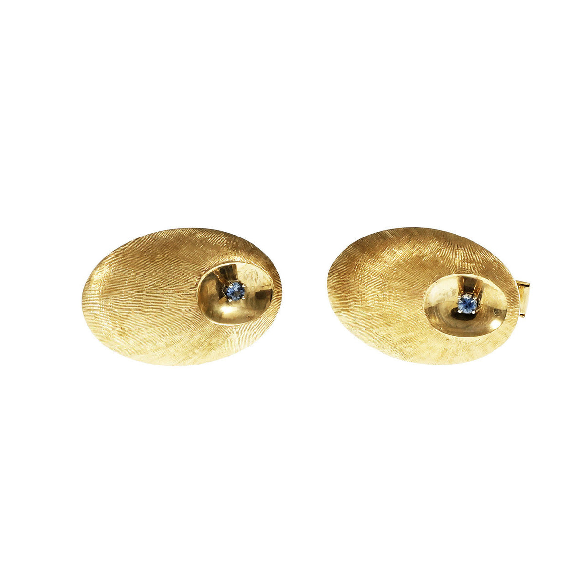 Vintage 1960 Sapphire Cufflink Oval Hand Florentined 14k Yellow Gold