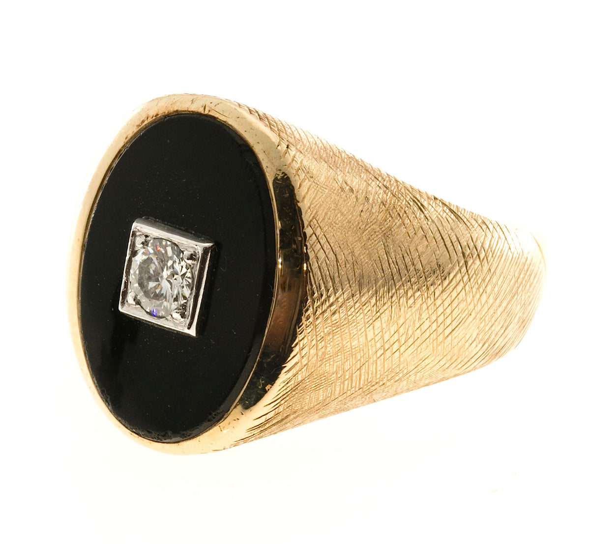 Vintage Men's .20ct Florentined 14k Yellow Gold Black Onyx Center Diamond Ring