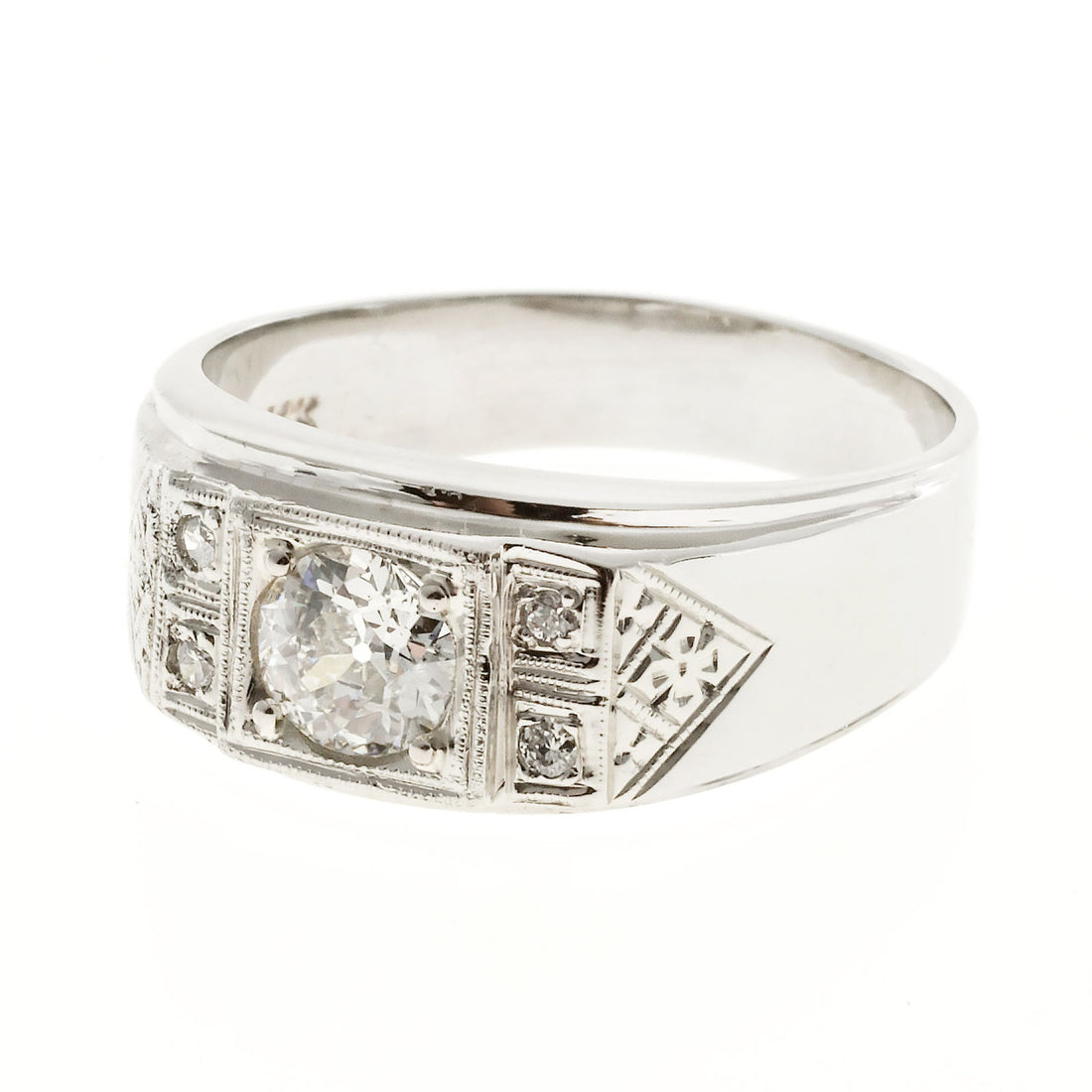 Men’s Retro Diamond Ring 14k White Gold With Hand Engraving & Diamond Accents – image 2