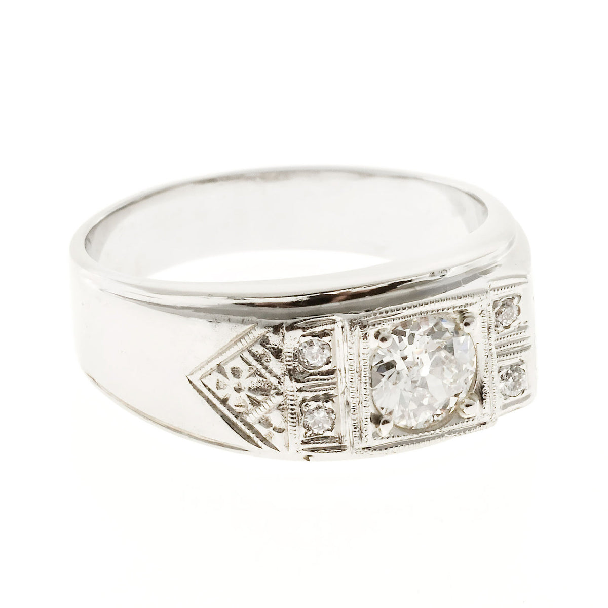 Men’s Retro Diamond Ring 14k White Gold With Hand Engraving & Diamond Accents – image 3