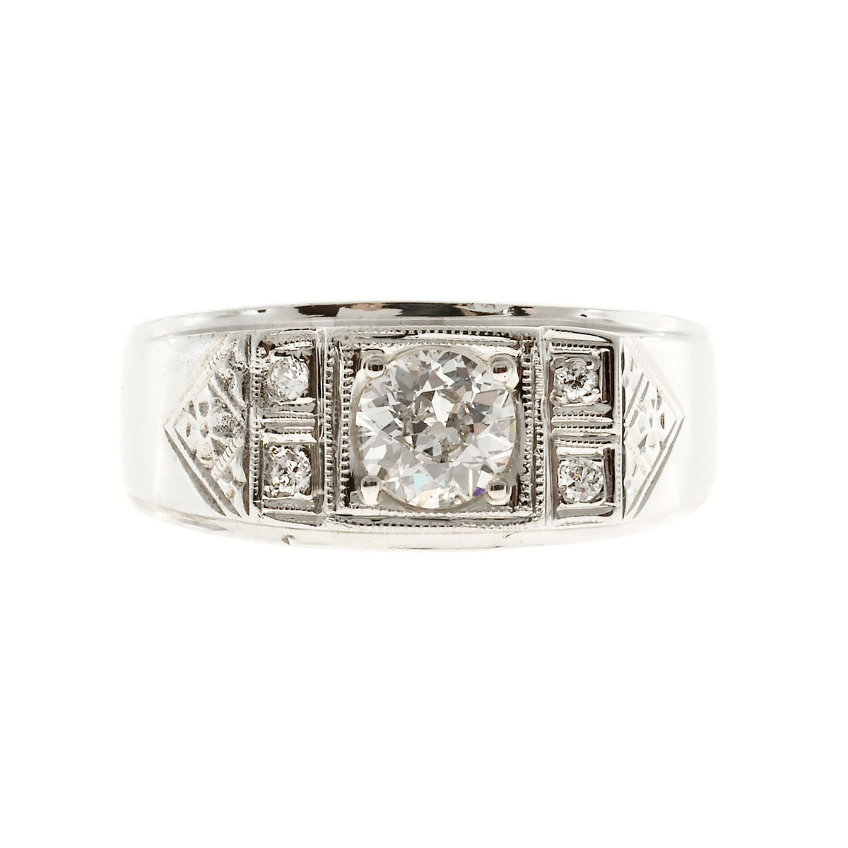 Men’s Retro Diamond Ring 14k White Gold With Hand Engraving & Diamond Accents