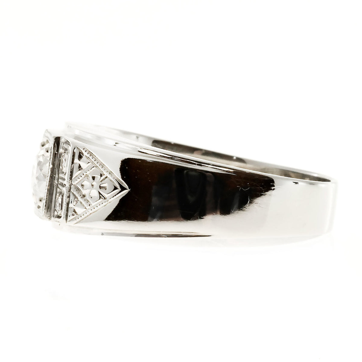 Men’s Retro Diamond Ring 14k White Gold With Hand Engraving & Diamond Accents – image 7