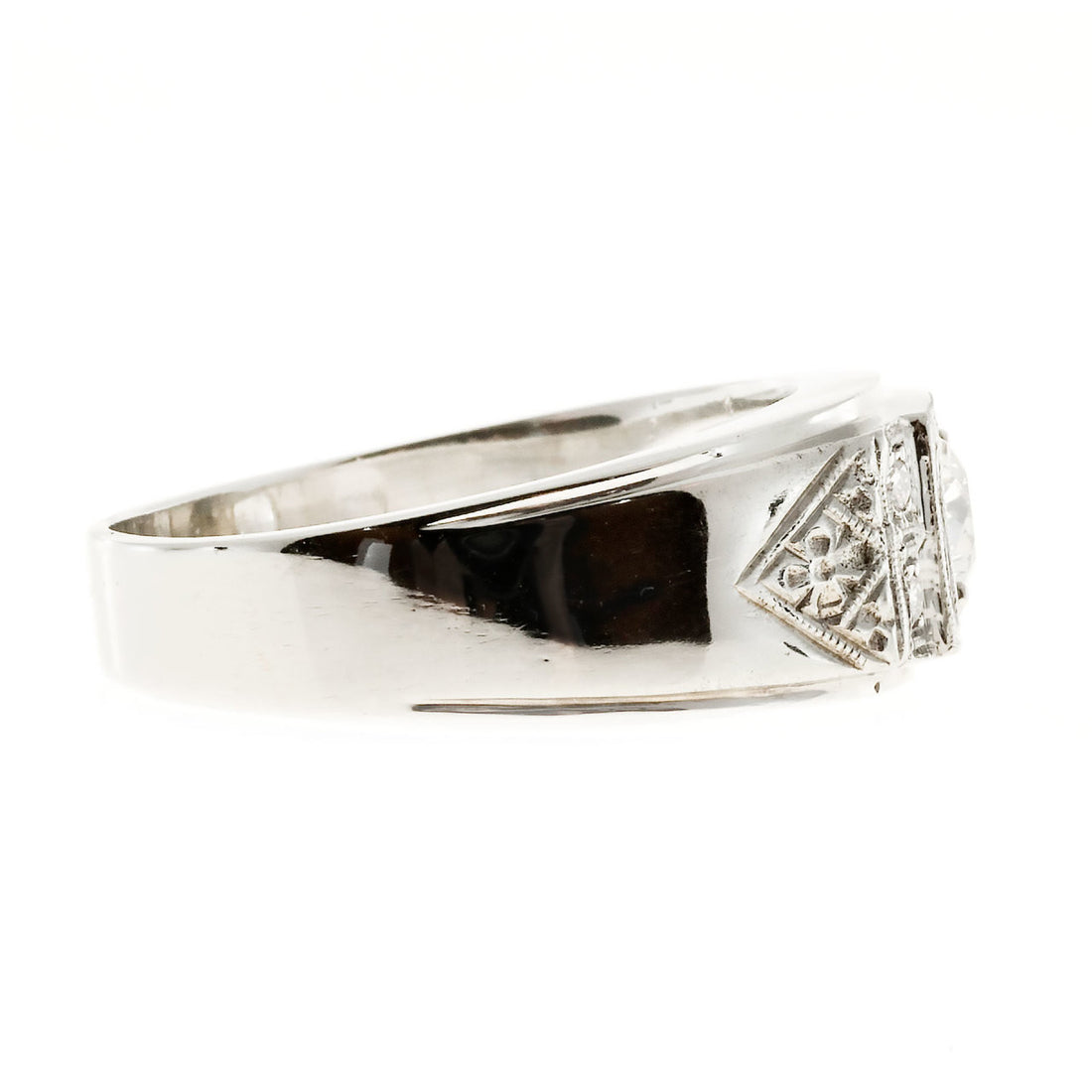 Men’s Retro Diamond Ring 14k White Gold With Hand Engraving & Diamond Accents – image 8
