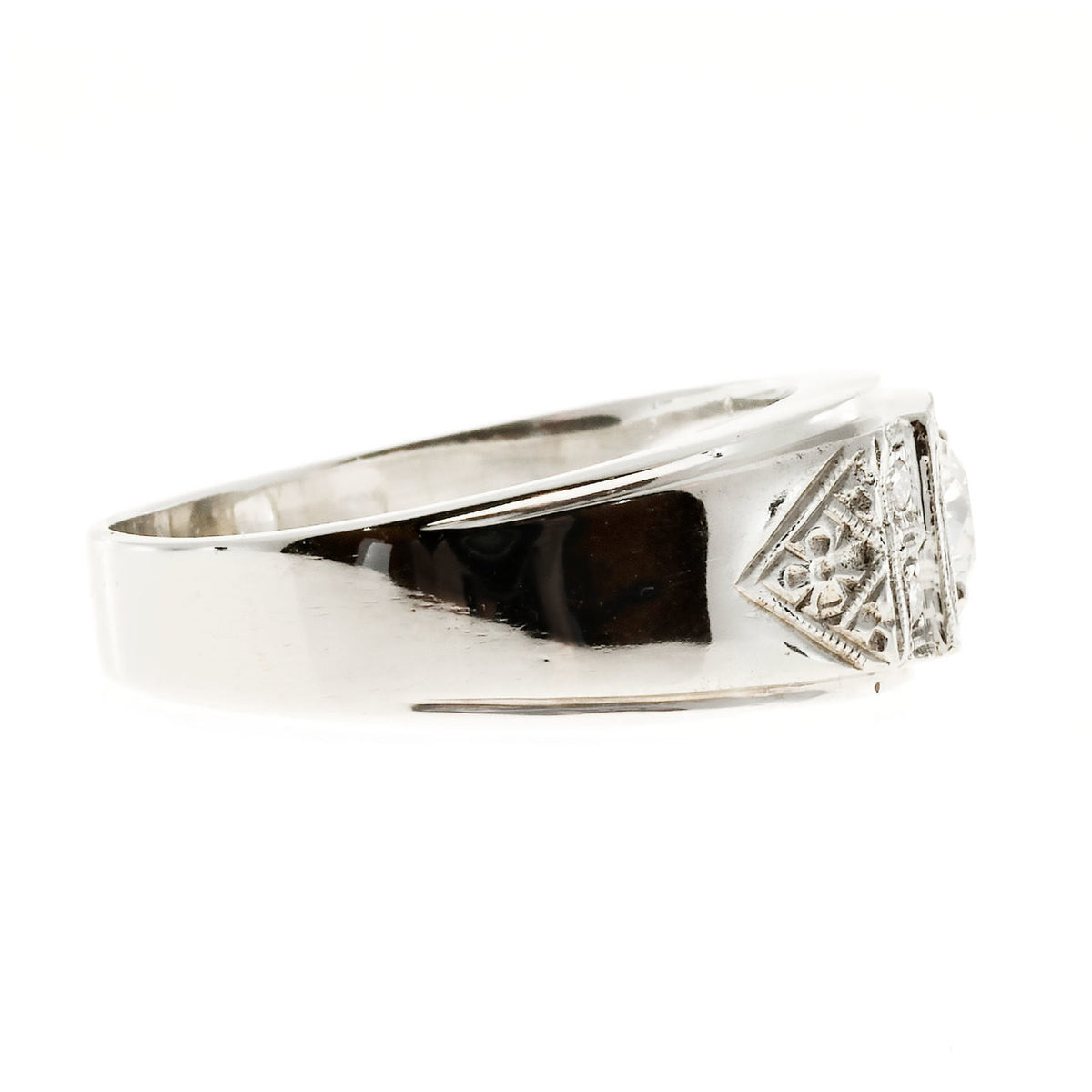 Men’s Retro Diamond Ring 14k White Gold With Hand Engraving & Diamond Accents – image 8