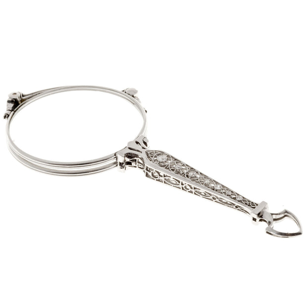 Vintage Solid Platinum Round Old Cut Diamond Art Deco Lorgnette © 1920 Spring