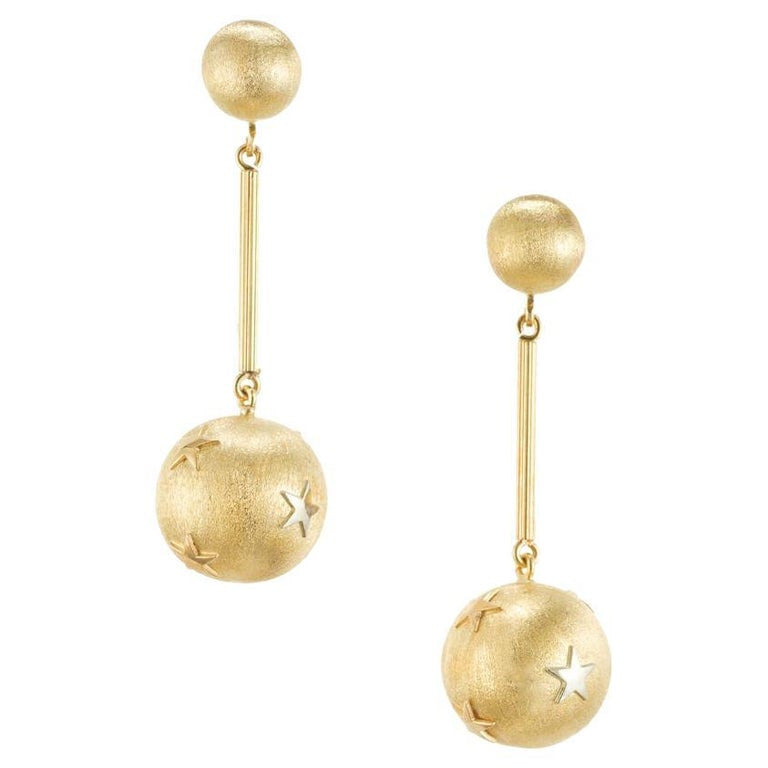 Yellow Gold Star Ball Dangle Drop Earrings