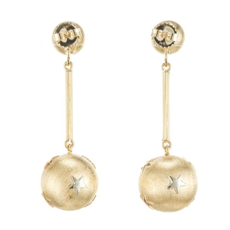 Yellow Gold Star Ball Dangle Drop Earrings – image 3