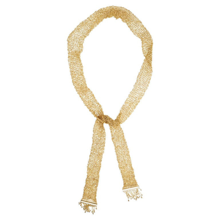 27 Inch Wide 14k Yellow Gold Mesh Chain Tassels Necklace