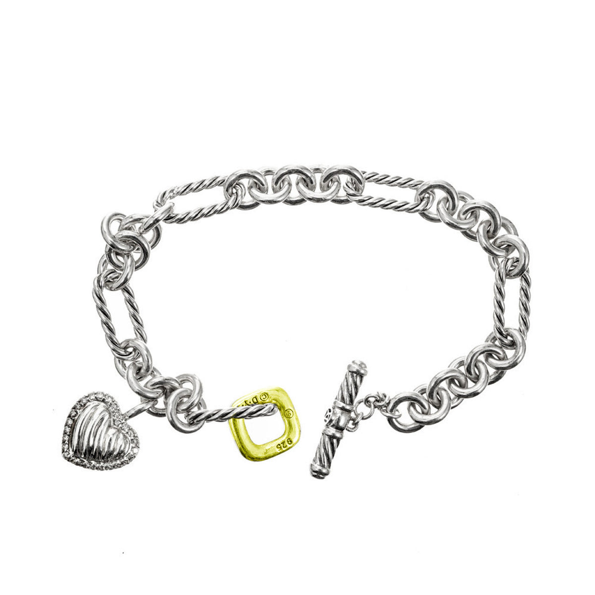 David Yurman .18 Carat Diamond Sterling Silver 18k Gold Heart Charm Bracelet