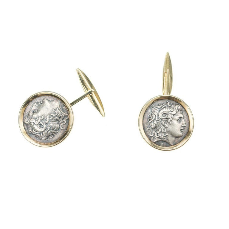 Yellow Gold Silver Greek Coin Cufflink Shirt Stud Set – image 3